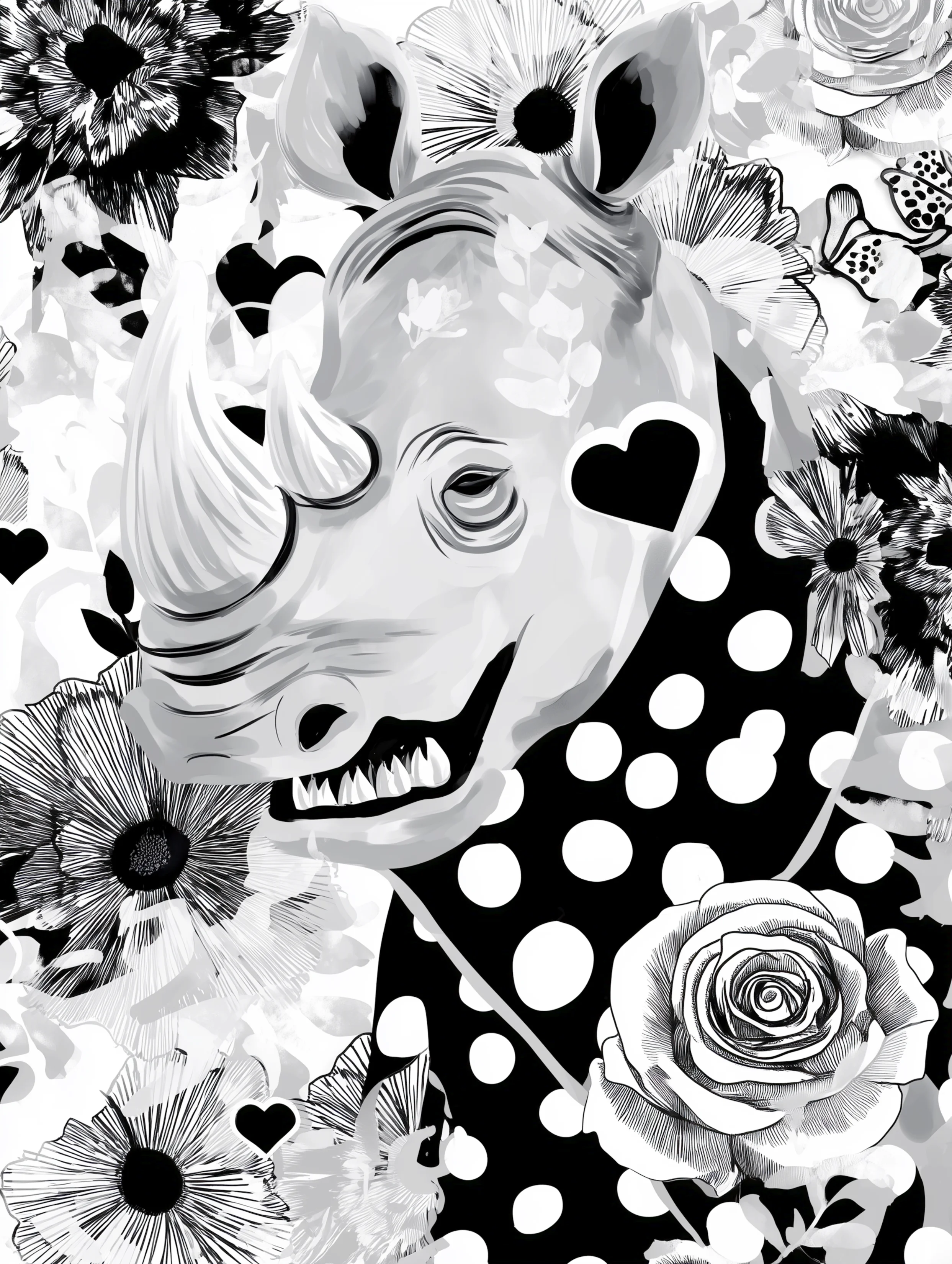 Free printable rhino coloring pages for adults featuring polka dot rhino with heart face
